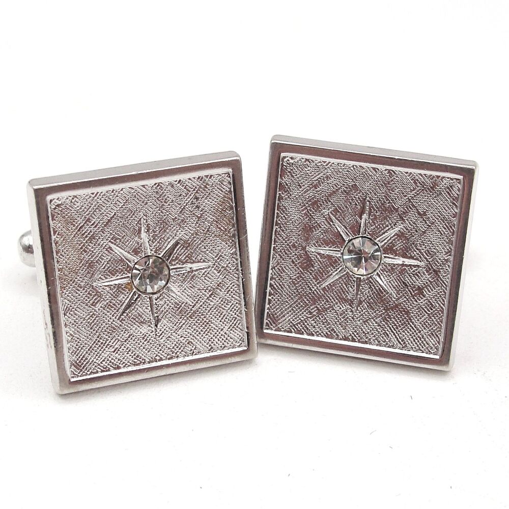 Vintage Anson Silver Tone Square Cufflinks Starburst Clear Rhinestone Atomic MCM